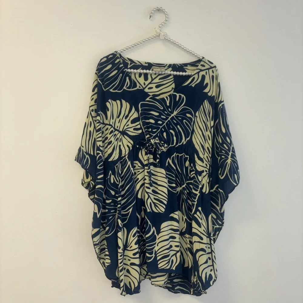 NaPua Collection Womens Tropical Leaf Print Hawaiian Tunic Top One Size Blue Y2k